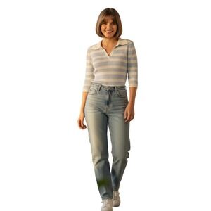GAP Y2K Ribbed V-Neck Sweater Blue White Striped Women's L Stretch Preppy
